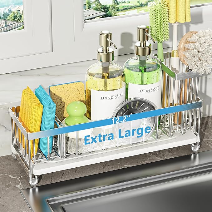 Cisily Extra Large Sink Caddy Organizer with Drying Stone, White Sponge Holder for Kitchen, Dish Brush Holder for Countertop, Kitchen Decor Storage and Essentials