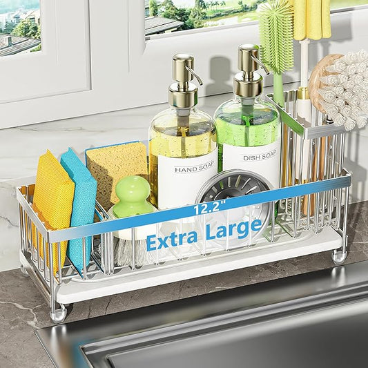 Cisily Extra Large Sink Caddy Organizer with Drying Stone, White Sponge Holder for Kitchen, Dish Brush Holder for Countertop, Kitchen Decor Storage and Essentials