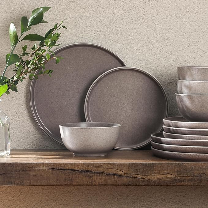 Gibson Elite 12 Piece (Service for 4) Eden Rock Plates and Bowls Reactive Glaze Round Dishes Stoneware Ceramic Dinnerware Set - Grey
