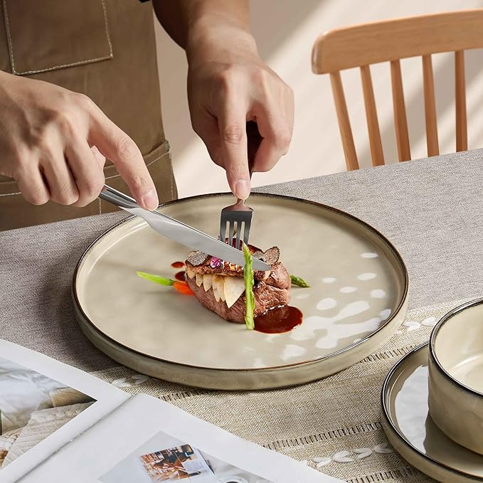 Herogo Dinnerware Dishes Sets for 4, 12 Pieces Ceramic Plates and Bowls Sets, Kitchen Dining Dishes, Dishwasher & Microwave Safe, Cream Khaki