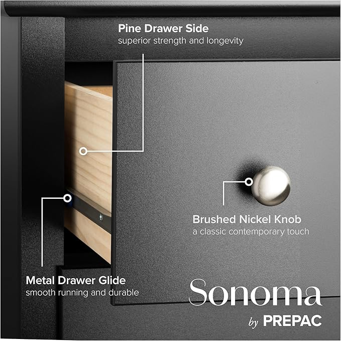 Prepac Sonoma 6-Drawer Double Dresser for Bedroom, Wide Chest of Drawers, Traditional Bedroom Furniture, 59"W x 17.5"D x 29"H, Black