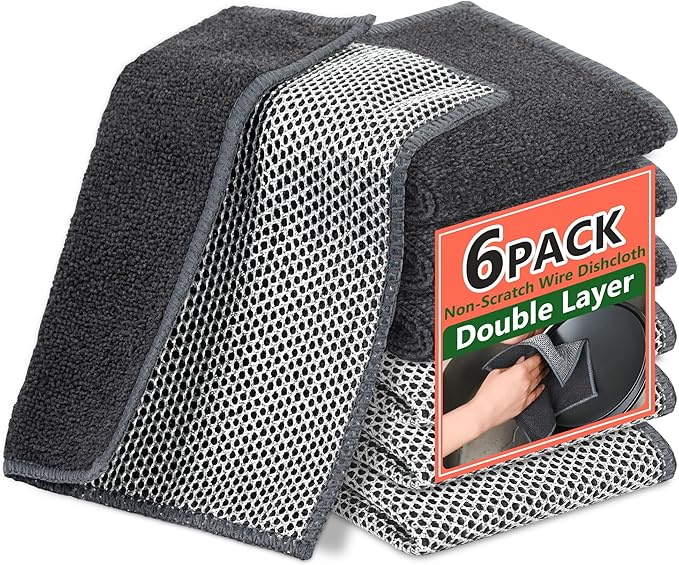 6 Pack Multipurpose Wire Dishcloths, Non-Scratch Dishwashing Rags, Double-Layer Microfiber Metal Dish Rags for Washing Dishes, Wet or Dry Reuseable for Cookware/Pan Housework Clean-7.87''x7.87''
