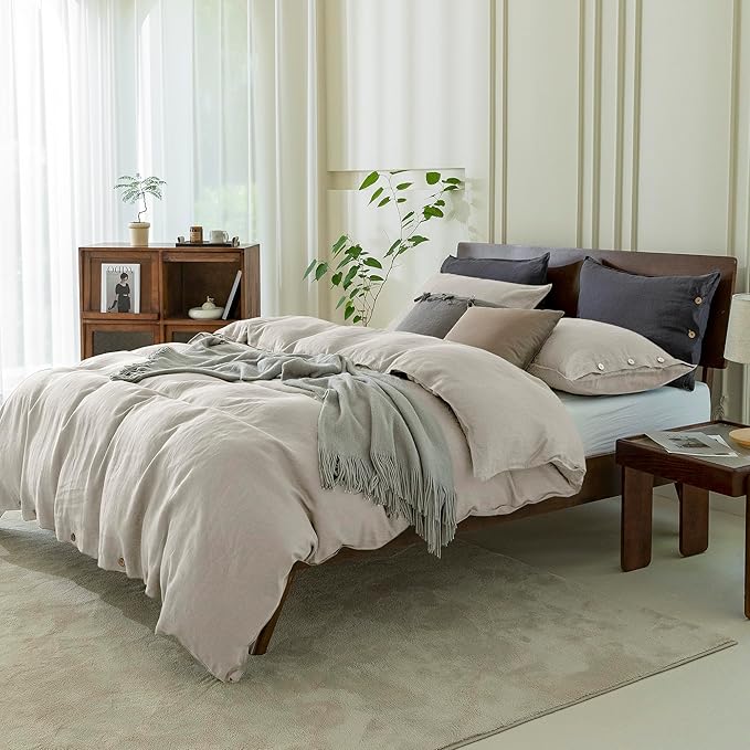 EVERLY 100% Pure Linen Duvet Cover Set California King Size 104X98Inch 3pcs (1 Duvet Cover,2 Pillowcases) Soft and Breathable for All Season with Coconut Button Closure, Suitable for Hot Sleepers