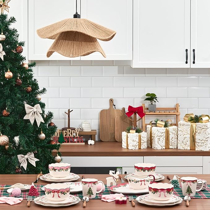 Bico Ribbon Christmas Cereal Bowls Set of 4, 26 oz Deep Ceramic Soup Bowls for Cereal, Salad, Noodles, Kitchen, Microwave and Dishwasher Safe, Gift for Housewarming and Christmas