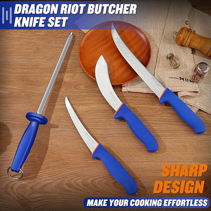 DRAGON RIOT 4 Piece Butcher Knife Set Brisket Trimming Set Include 6" Boning Knife, 6" Skinning Knife, 10" Butcher Breaking Knife and 10" Sharpening Steel
