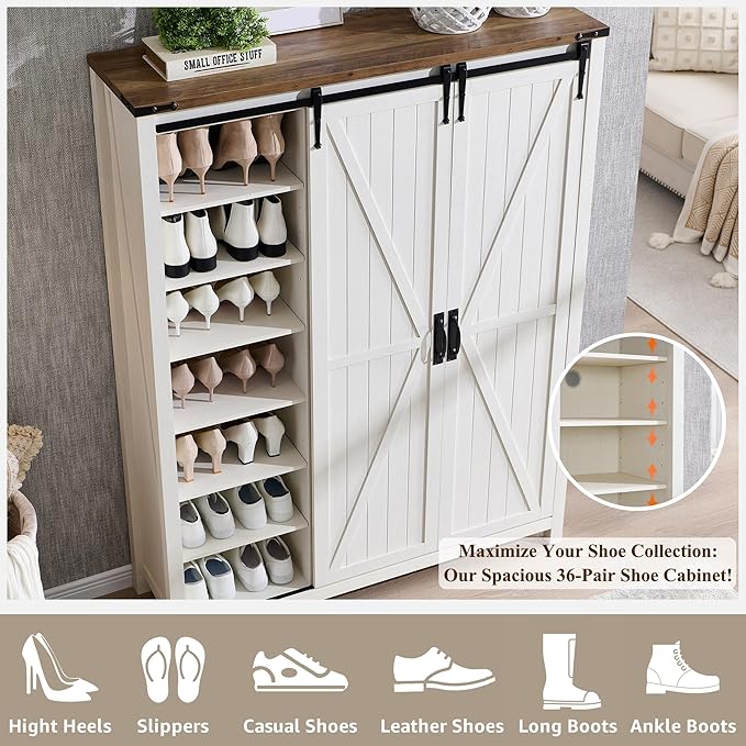 OKD Shoe Storage Cabinet with 2 Sliding Door, 7-Tier 62" Tall Farmhouse Entryway Shoe Organizer, Freestanding Rustic Hidden Shoe Rack Cabinet for Entryway, Antique White