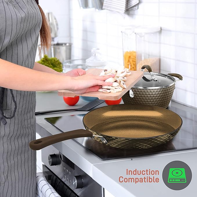 NutriChef 11-Piece Nonstick Kitchen Cookware Set - PTFE/PFOA/PFOS-Free Heat Resistant Kitchen Ware Pots Pan Set Coffee Ceramic Coating - Saucepot, Pans, Cooking Pot Oven Pot, Lid, Utensil NCCW11COF