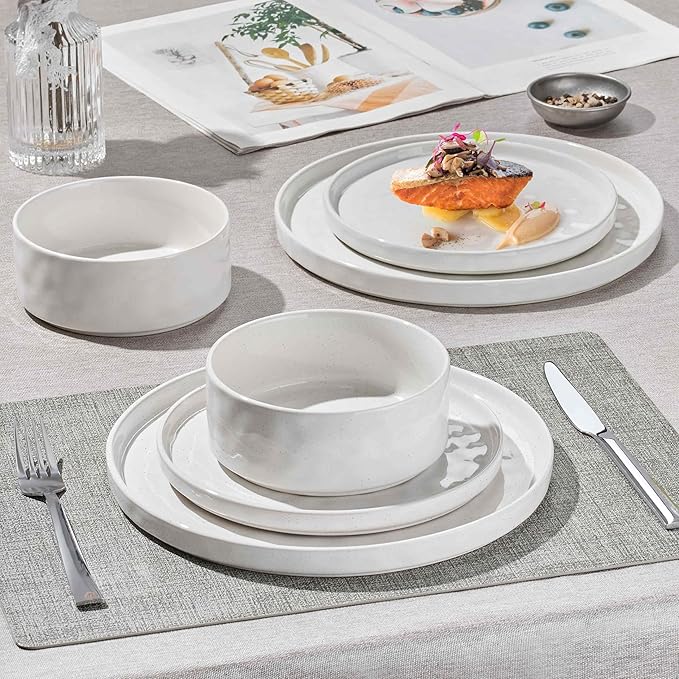 Herogo 24 Pieces Dinnerware Sets for 8, Dishes Plates and Bowls Sets for Kitchen, Dinner Stoneware Dishware, Dishwasher & Microwave Safe, Speckled White