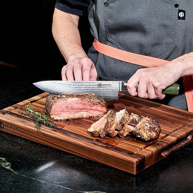 HexClad Medium Walnut Cutting Board, Double-Sided with Juice Groove & Recessed Handles, Durable, Scratch-Resistant Hardwood, Great for Chopping, Carving & Serving, 11.75"x15.75"