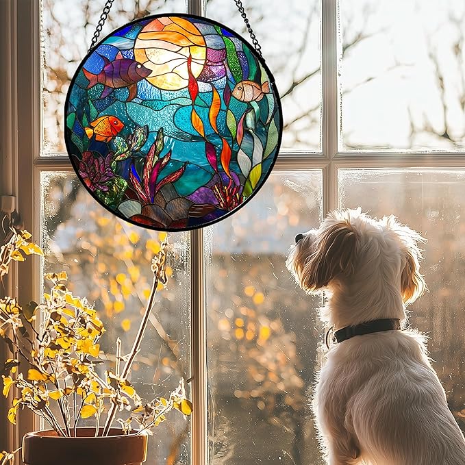 Stained Glass Window Hanging - Blue Ocean World Small Fish Coral Sun Catcher for Door Garden Home Decor Sea Suncatcher Christmas Mother's Day Birthday Gifts for Women Men Mom Nana 15 in