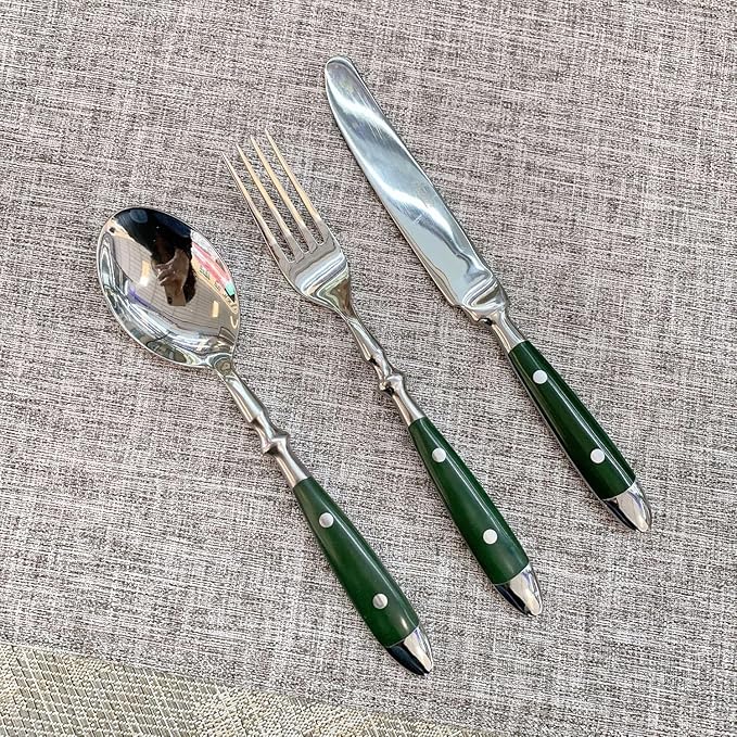 20 Pieces Green Gum Wood Handle Silverware Set for 4,Exquisite Ergonomic Flatware Set Food-Grade Stainless Steel Cutlery Set,Tableware Eating Utensils,Mirror Finished,Dishwasher Safe