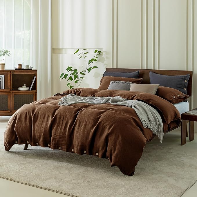 EVERLY 100% Pure Linen Duvet Cover Set Queen Size 90X90Inch 3pcs (1 Duvet Cover,2 Pillowcases) Soft and Breathable for All Season with Coconut Button Closure, Suitable for Hot Sleepers-Chocolate