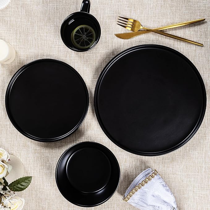 Plates and Bowls Sets for 4 - CJDC-QUELO 16 Piece Stoneware Dinnerware Sets with Mugs, Ceramic Dishware Sets for Kitchen Dining Use, Chip and Scratch Resistant Microwave Dishwasher Safe, Black