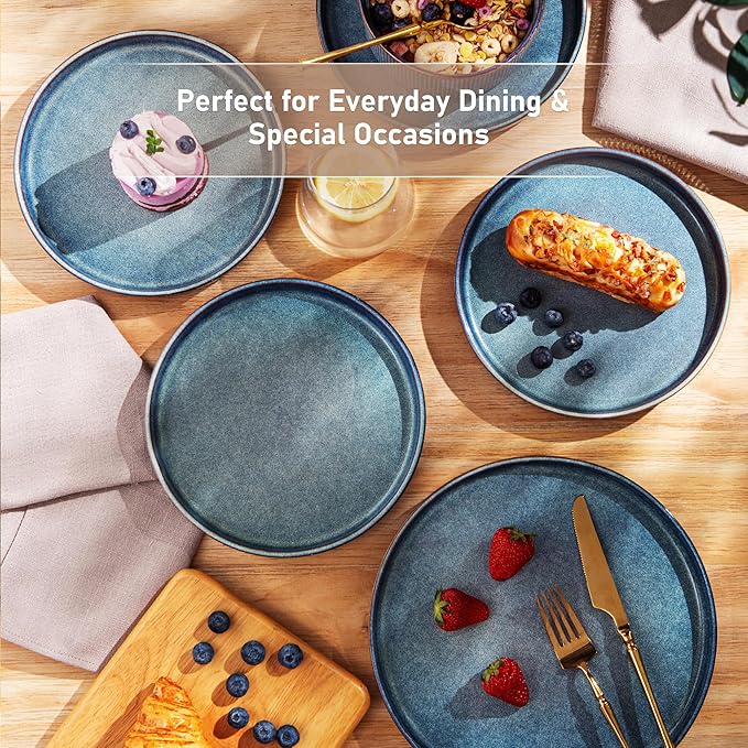GBHOME Stoneware Dinnerware Sets for 8,Round Reactive Glaze Ceramic Plates and Bowls Set,Highly Scratch Resistant| Dishwasher & Microwave Safe Dishes Set,Service for 8(24Pcs),Ceylon Blue
