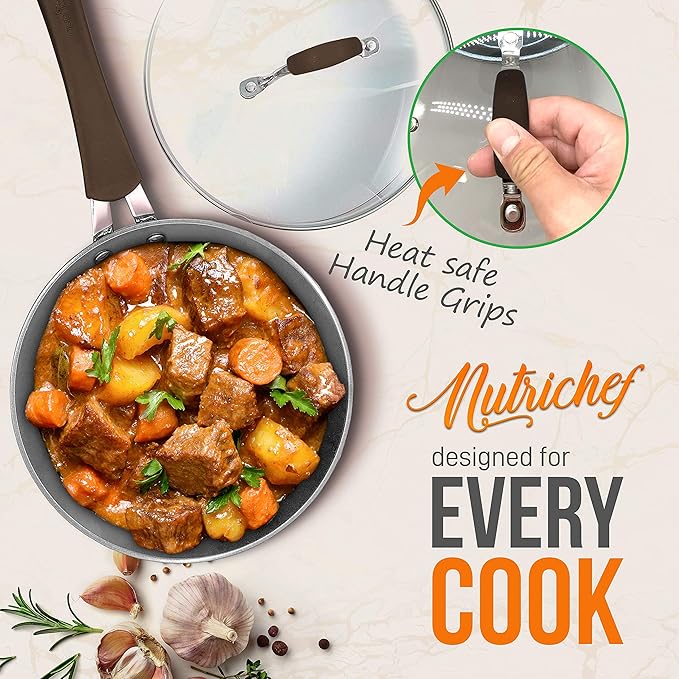 NutriChef 11-Piece Nonstick Kitchen Cookware Set - PTFE/PFOA/PFOS-Free Heat Resistant Kitchen Ware Pots Pan Set Coffee Ceramic Coating - Saucepot, Pans, Cooking Pot Oven Pot, Lid, Utensil NCCW11COF