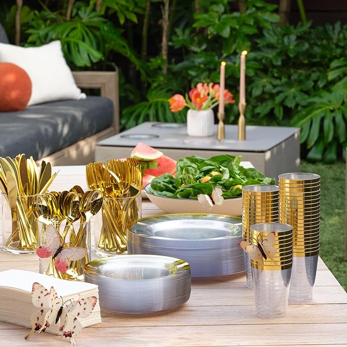 By Madee HEAVYWEIGHT Clear Plastic Plates With Gold Trim | Nice Disposable Plates and Cutlery Set | Includes Gift of Dazzling 3D butterflies for table Decor | 150mPcs for 25 Guests