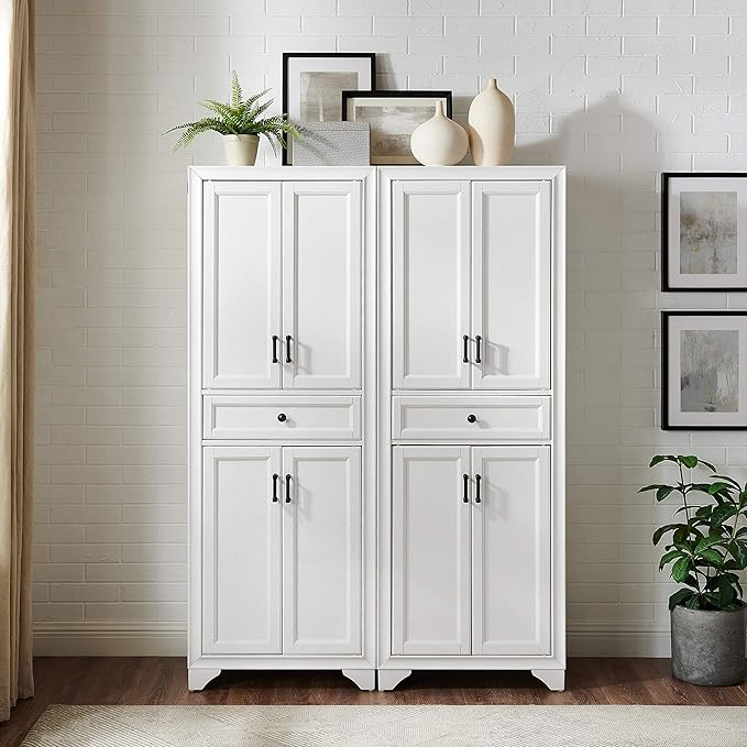 Crosley Furniture Tara 2-Piece Pantry Storage Cabinet Set with Shelves, Kitchen, Dining, or Laundry Room, Distressed White