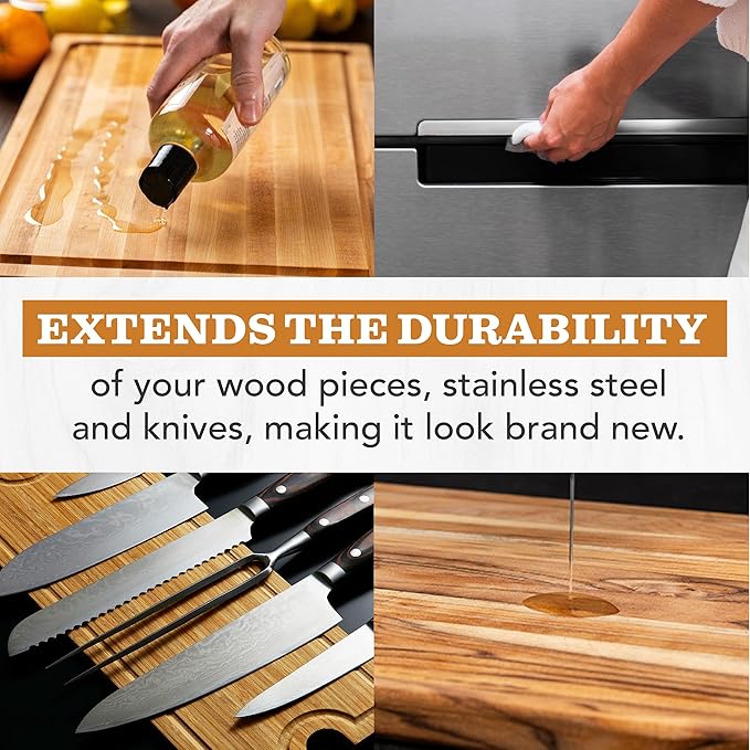 CLARK'S Food Grade Mineral Oil (12oz) and Carnauba Wax (6oz) Set - 100% Natural Butcher Block Oil and Cutting Board Wax - Food Safe Beeswax and Wood Cutting Board Oil with Orange & Lemon Extract