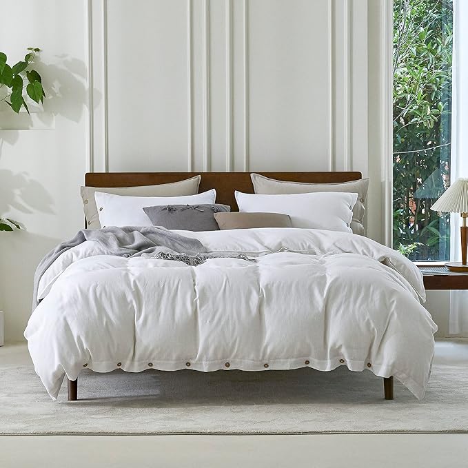 EVERLY 100% Pure Linen Duvet Cover Set California King Size 104X98Inch 3pcs (1 Duvet Cover,2 Pillowcases) Soft and Breathable for All Season with Coconut Button Closure,Suitable for Hot Sleepers-White
