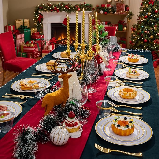 WELLIFE 600 PCS Gold Disposable Dinnerware Set for 100 Guests, Gold and White Plastic Plates for Party, 100 Each-Dinner & Salad Plates, Cups, Forks Knives Spoons for Christmas Wedding and Party