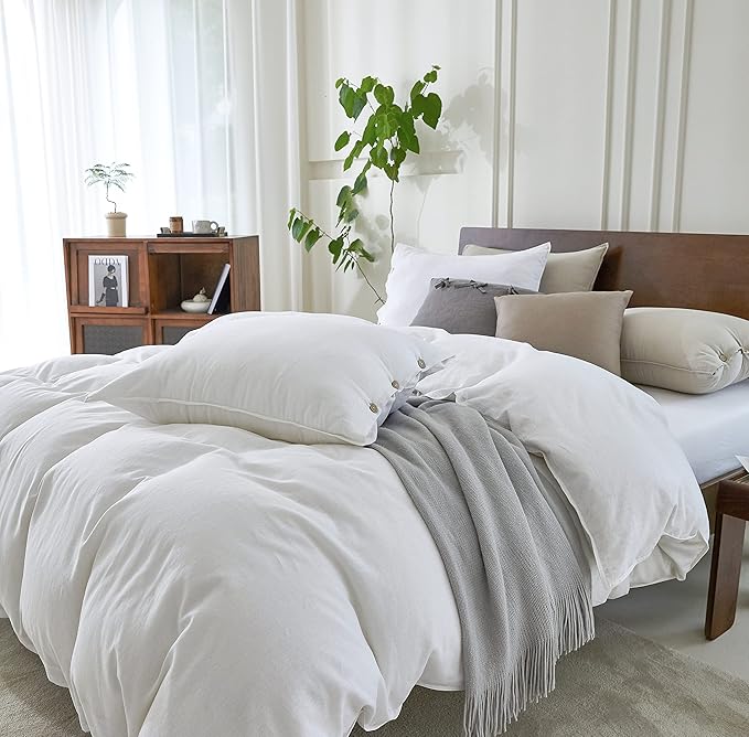 EVERLY 100% Pure Linen Duvet Cover Set King Size 104X90Inch 3pcs (1 Duvet Cover,2 Pillowcases) Soft and Breathable for All Season with Coconut Button Closure, Suitable for Hot Sleepers-White-King