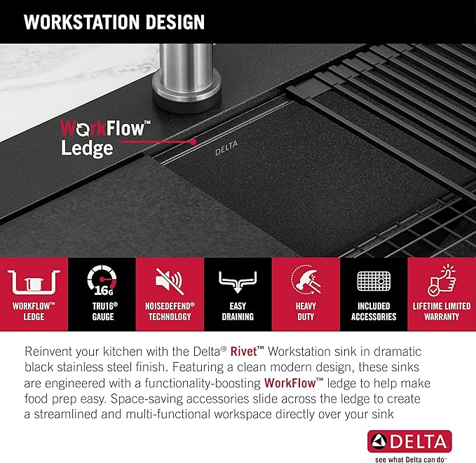 DELTA FAUCET Delta Rivet 30 Inch Black Stainless Steel Drop-In Top Mount 16 Gauge Workstation Kitchen Sink Single Bowl in PVD Gunmetal Finish with WorkFlow Ledge and Accessories, 95A9031-T30S-GS