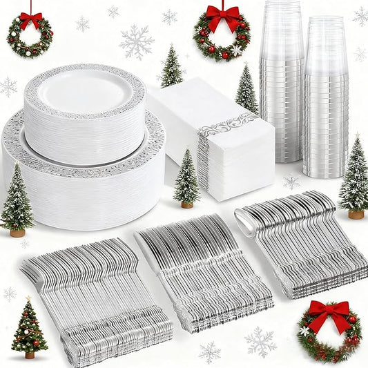bUCLA 350PCS Silver Plastic Dinnerware Set - Silver Plates Disposable Lace Design for 50 Guests Include 100 Plates,50 Forks,50 Knives,50 Spoons,50Cups,50 Napkins,Ideal for Party,Wedding&Christmas