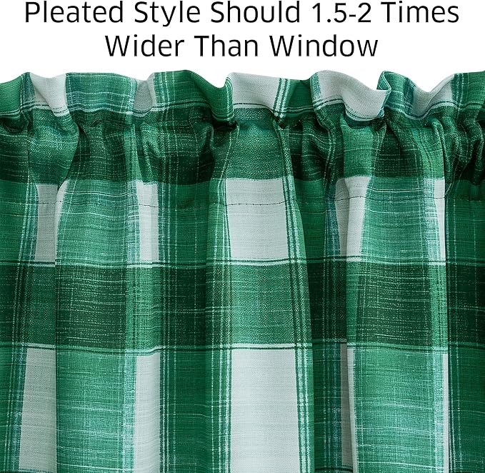 NICETOWN Christmas Kitchen Plaid Curtains Valances for Window, 18 Inch Cafe Curtains Farmhouse Small Window Valances for Home Decor, Rod Pocket, 2 Panels, Green & White, 52" W x 18" L