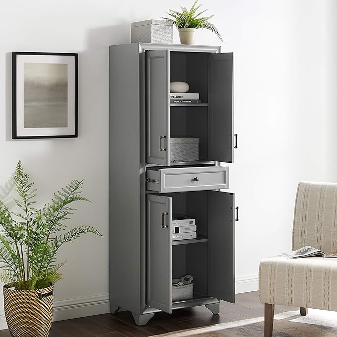 Crosley Furniture Tara Pantry Storage Cabinet with Shelves, Kitchen, Dining, or Laundry Room, Distressed Gray