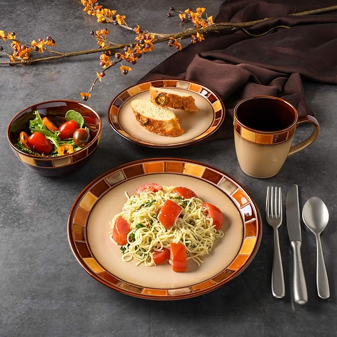Gibson Casa Estebana 16-Piece Dinnerware Set, Service for 4 – Beige and Brown Stoneware Plates and Bowls