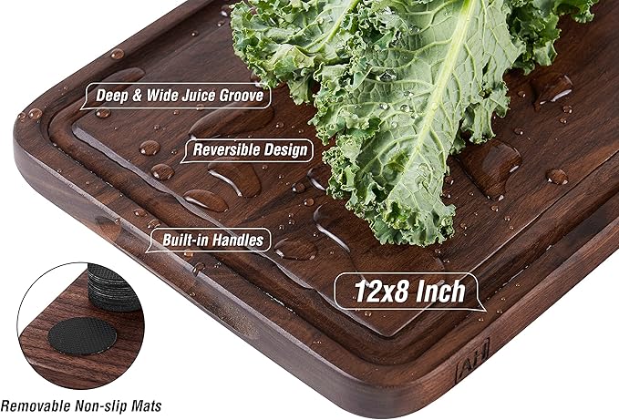 AZRHOM Walnut Wood Cutting Board, 12x8in Small Wooden Chopping Boards with Deep Juice Groove and Side Handle, Thick Butcher Block for Kitchen Meat Cheese Gift for Wife Mom Gift Box