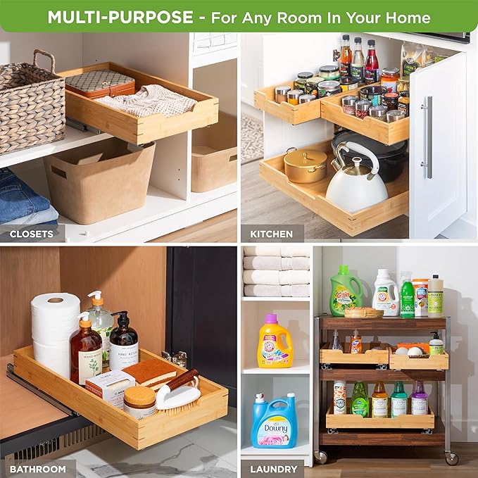 HOLDN’ STORAGE Bamboo Wooden Pull out Cabinet Organizer 11" W x 20" D - Requires At Least a 12.25" W x 21" D. Cabinet Opening. W/Lifetime Limited Warranty. Bamboo Tray and Heavy gauge metal rails.
