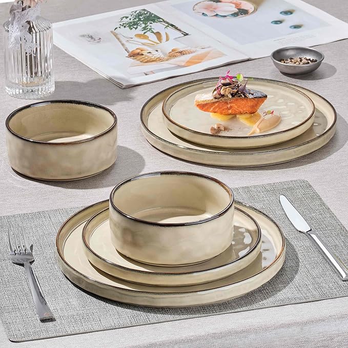 Herogo Dinnerware Dishes Sets for 4, 12 Pieces Ceramic Plates and Bowls Sets, Kitchen Dining Dishes, Dishwasher & Microwave Safe, Cream Khaki