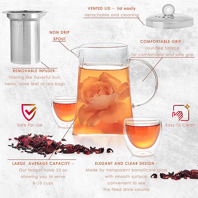 Mixpresso 5 Piece Glass Tea Pot Set, Kettle with Removable Infuser, Clear Glass Teapot 33oz With 4 Double Wall Cups 2.7oz Stovetop Safe Teapot For Loose Leaf Tea, Perfct As Tea Gift Sets.