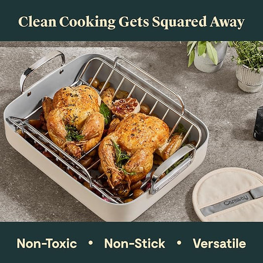 Caraway Roasting Pan - 16x13” Roasting Pan with Rack - Non-Stick Ceramic Coated - Non Toxic, PTFE & PFOA Free - Oven Safe & Compatible with All Stovetops - Navy