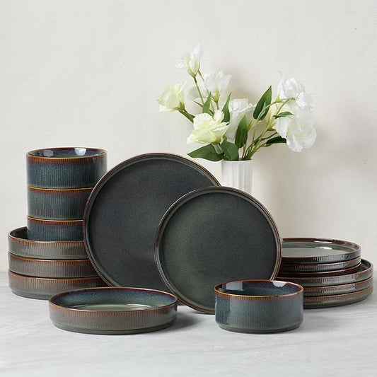 E-far 16 Piece Dinnerware Sets, Plates and Bowls with Pasta Bowls Service for 4, Modern Stoneware Ribbed Dishes for Kitchen Dining, Microwave & Dishwasher Safe, Blackish Green