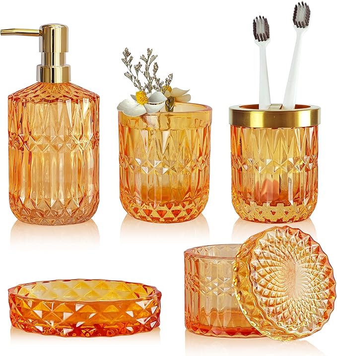 Orange Bathroom Accessories Set, 5Pcs Clear Glass Bathroom Set Accessories, Lotion Soap Dispenser, Soap Dish, Tumbler, Toothbrush Holder Set, Qtips Holder for Crystal Vintage Bathroom Decor,