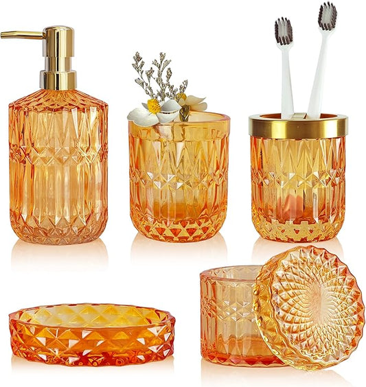 Orange Bathroom Accessories Set, 5Pcs Clear Glass Bathroom Set Accessories, Lotion Soap Dispenser, Soap Dish, Tumbler, Toothbrush Holder Set, Qtips Holder for Crystal Vintage Bathroom Decor,