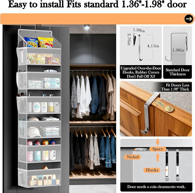 PAULONE 1 Pack Heavy Duty Over the Door Organizer, 6 Large + 12 Mesh Pockets with 89 lbs Capacity, Space-Saving Hanging Storage for Shoes, Toys, Bedroom & Closet-Light Gray
