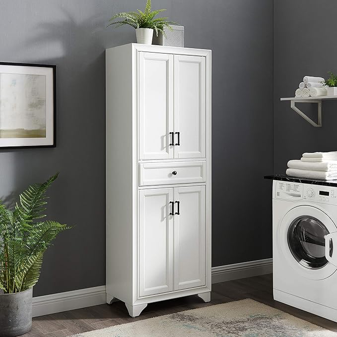 Crosley Furniture Tara Pantry Storage Cabinet with Shelves, Kitchen, Dining, or Laundry Room, Distressed White