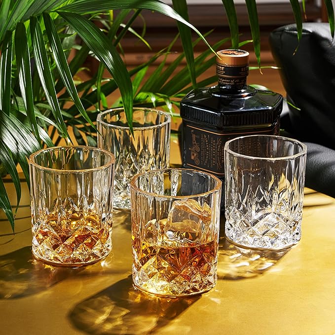 Viski Admiral Crystal Whiskey Tumbler Set, Classic Lowball Cocktail Glasses, Crystal Clear Drinking Glasses for Bourbon, Scotch, Spirits, Neat Pours, Gifts for Men, Home Bar, 10 oz, Set of 4
