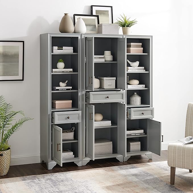 Crosley Furniture Tara 3-Piece Pantry Storage Cabinet Set with Shelves, Kitchen, Dining, or Laundry Room, Distressed Gray
