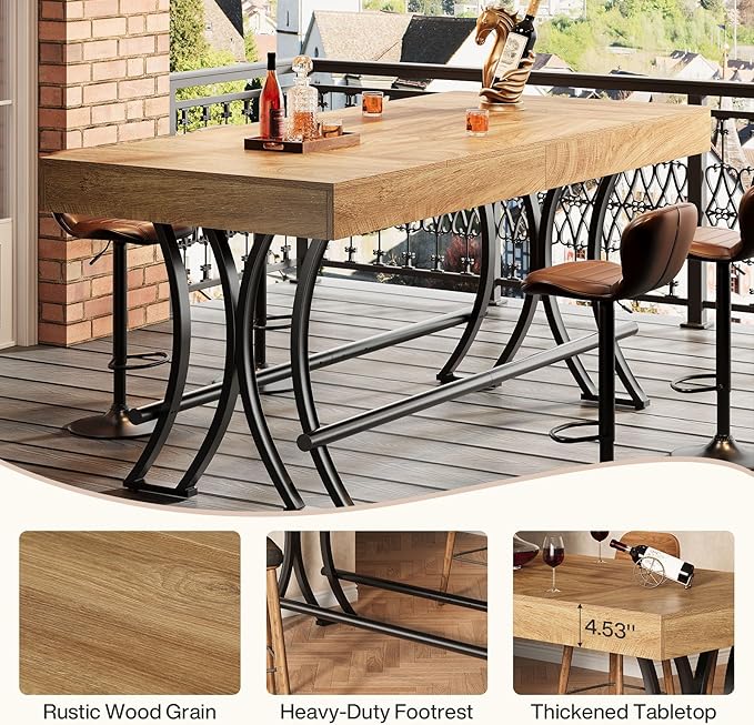 Tribesigns 63" Counter Height Dining Table with Metal Footrest, Rectangular Tall Kitchen Bar Pub Table, Industrial Home Bar Unit for Entertaining, Freestanding, Brown