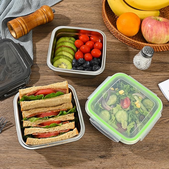 2 Pack Sandwich Containers, 24oz Stainless Steel Sandwich Box with Airtight Lids, Reusable Metal Meal Prep Lunch Boxes, BPA-Free, Dishwasher Safe, Food Storage Containers for Families (Green)