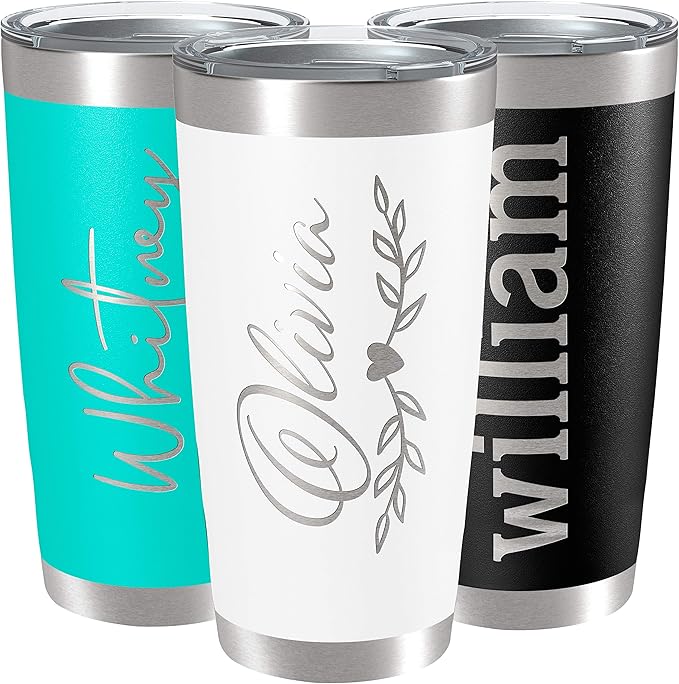 Personalized Tumblers, Stainless Steel 20 oz Tumbler w/Lid |13 Different Designs| Personalized Cups Double Walled Insulated Coffee Cup for Travel - White