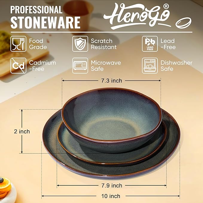 Herogo 18PCS Dinnerware Sets for 6, Stoneware Plates and Bowls Dish Set, Irregular Handmade Dinner Ware Dishware for Kitchen Dinning, Microwave & Dishwasher Safe, Lichen Green