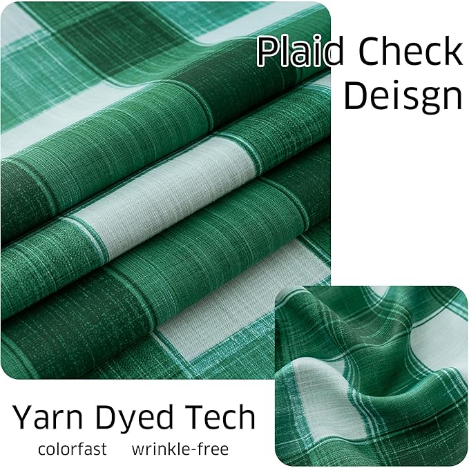 NICETOWN Christmas Kitchen Plaid Curtains Valances for Window, 18 Inch Cafe Curtains Farmhouse Small Window Valances for Home Decor, Rod Pocket, 2 Panels, Green & White, 52" W x 18" L