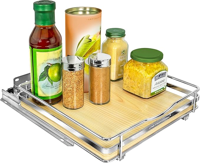 LYNK PROFESSIONAL® Élite™ Pull Out Spice Rack Organizer for Inside Kitchen Cabinets - 10-3/8 inch Wide - Slide Out Drawer – Wood/Chrome Sliding Spice Cabinet Organization Shelf Racks - 1 Tier