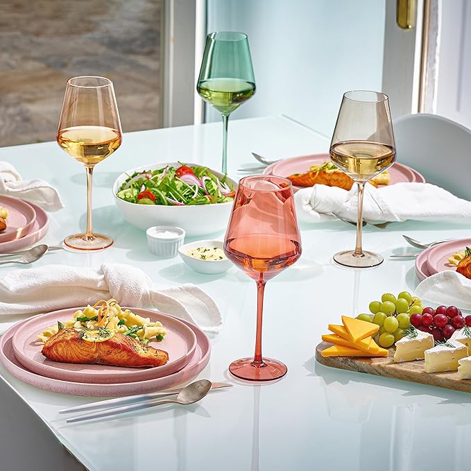 Colored Cordial Glasses Set of 6, 18oz Crystal Unique Fall Drinking Wine Glass Cups with Stem - Luxury Multi Color Glassware Gift Set for Wife & Mom - Colorful Hand Blown Drinkware for Red White Wine.