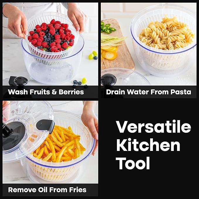 Joined Salad Spinner with Drain, Bowl, and Colander - Quick and Easy Multi-Use Lettuce Spinner, Vegetable Dryer, Fruit Washer, Pasta and Fries Spinner - 3.7 Qt